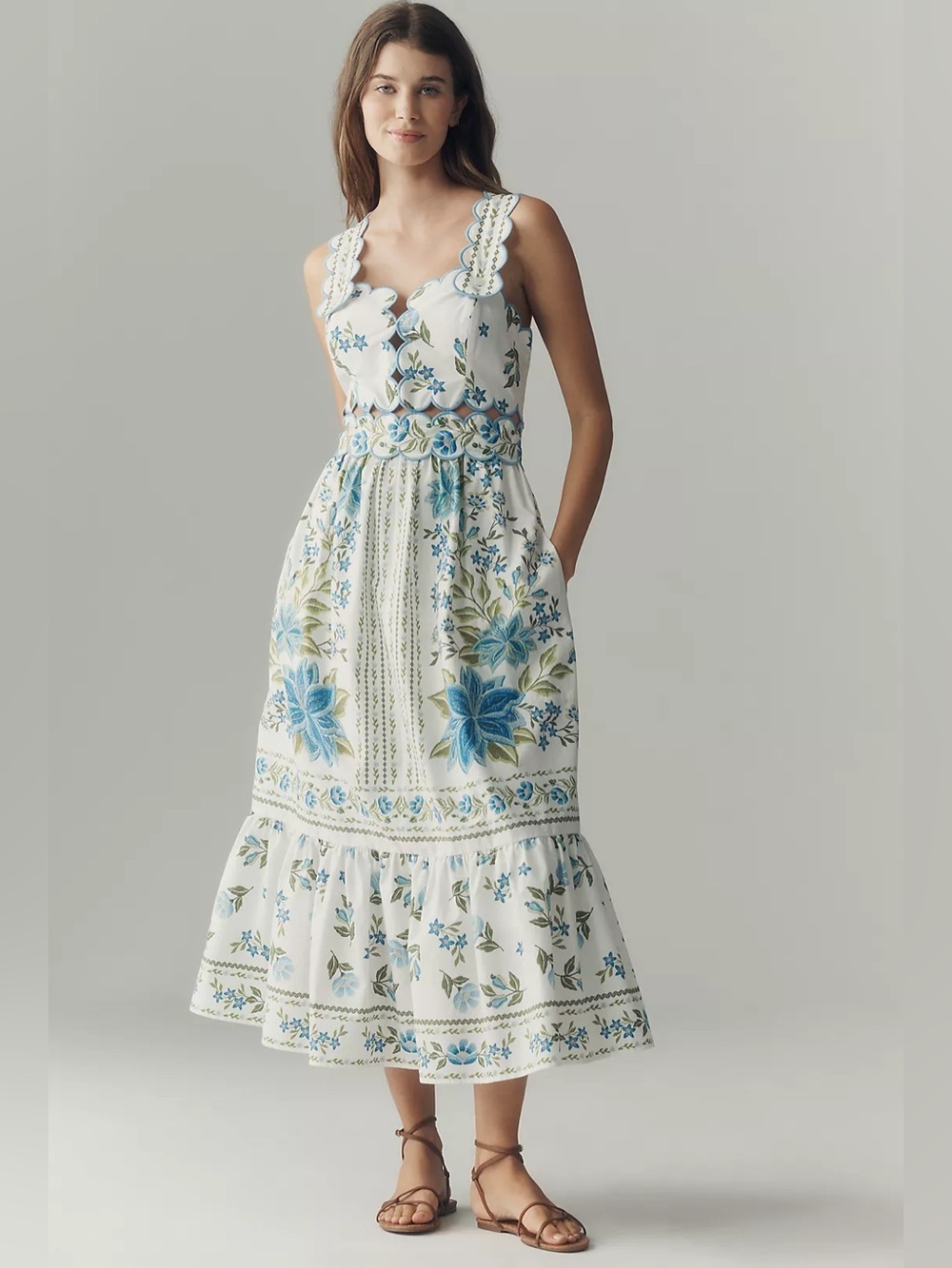 NEW Farm Rio x Anthropologie Sleeveless Scallop-Trim Printed Midi Dress, XL